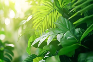 Lush green foliage with a variety of leaves illuminated by soft sunlight, creating a serene and vibrant natural atmosphere.