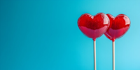 Red Heart-Shaped Lollipops Against Blue Background