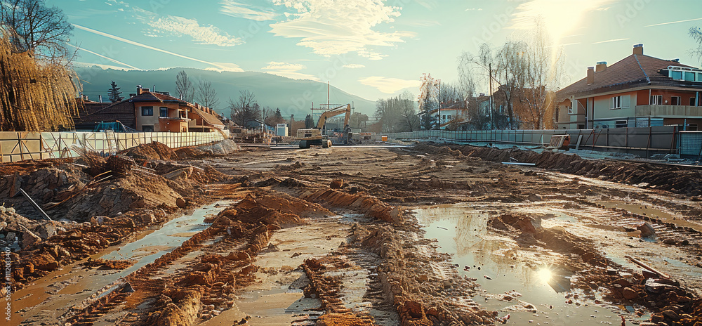 Poster landscape of a construction site with empty space in the middle.