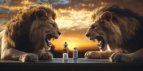 Two Lions Facing Off with Salt and Pepper Shakers at Sunset