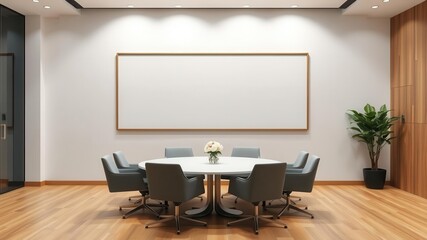 A mockup of office wall art with a modern conference room background setting, decoration, blank