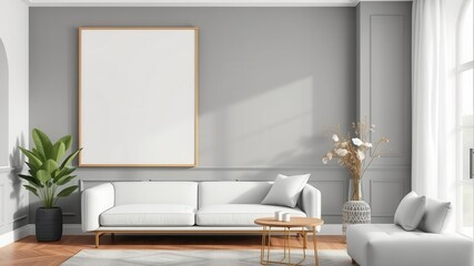 A mockup of a minimalist and modern wall art design displayed in a stylish room setting, template, decor
