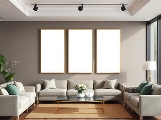 A mockup of a blank wall art canvas displayed in a modern living room setting, ready for customization, mockup, modern