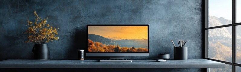Fototapeta premium Computer monitor sitting on a desk with a vase, minimalist desk