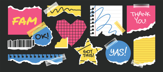 Tape paper torn wrinkles notebook, stickers, tags, labels template. Y2k gen z and millenials slang quotes