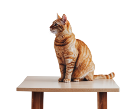 A ginger cat sitting on top of a wooden table, isolated on a white background