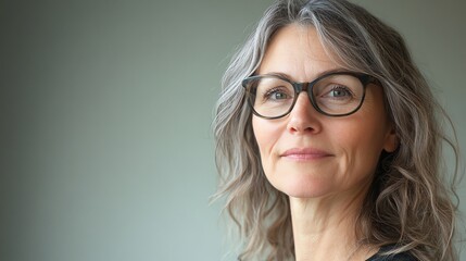 Fototapeta premium A woman with gray hair and glasses looks confidently at the camera.