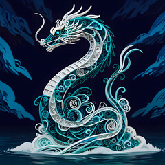 Majestic dragon emerges from ocean waves fantasy art night scene digital illustration enigmatic and inspiring