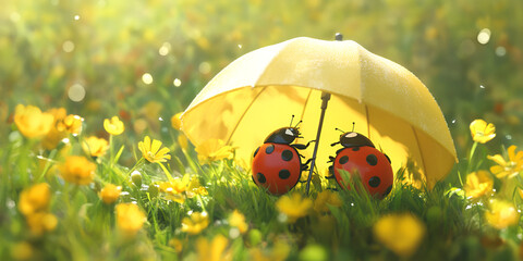 Two Ladybugs Sheltering Under Yellow Umbrella in Spring Meadow