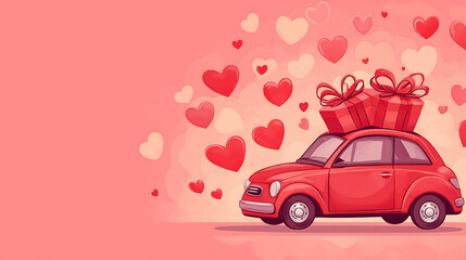 Vintage red car decorated with gifts and hearts celebrating love and joy on a festive day.  Valentine's day