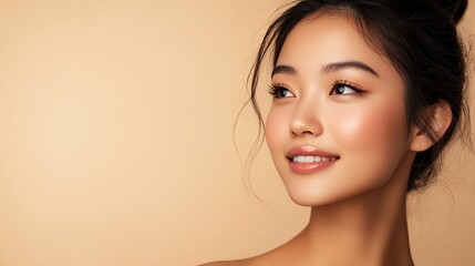 Naklejka premium A young woman with long black hair looks over her shoulder and smiles.