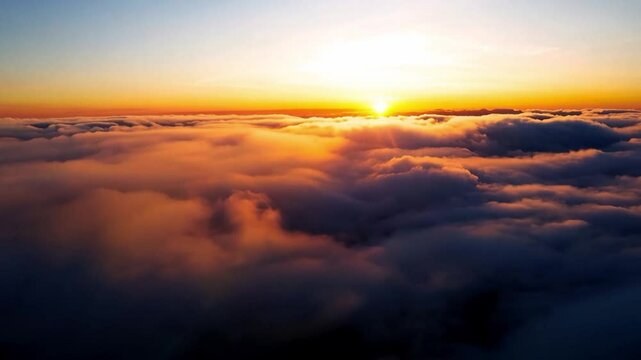 Hyperlapse flight through the orange clouds at sunset .