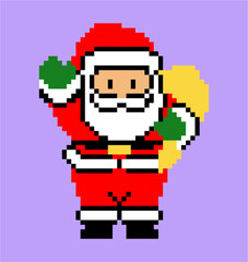 Santa pixel art in purple background.