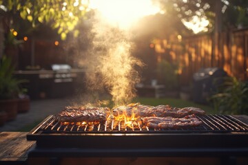 Flames are coming out of a grill with meat cooking on it, hosting a backyard barbecue