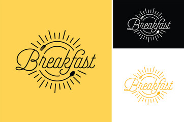 Spoon Fork Sun Rays for Sunrise Morning Breakfast Restaurant Line Art Typography Lettering logo design