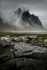 Misty Mountain Peaks in Cloudy Weather, Vestrahorn