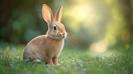 Fototapeta premium Adorable orange bunny rabbit sitting in green grass, sunlight.