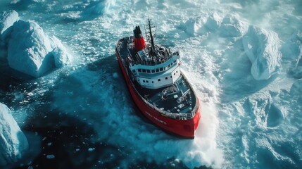 A robust red icebreaker ship cuts through icy polar waters, surrounded by massive glaciers in a remote Arctic region. Generative AI