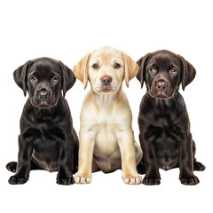 Three labrador puppies in different colours (black, yellow, chocolate) sitting next to each other, isolated on a transparent background