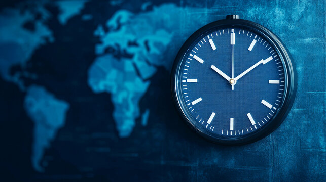 Travel restrictions and visa concept Clock against a world map in blue tones.