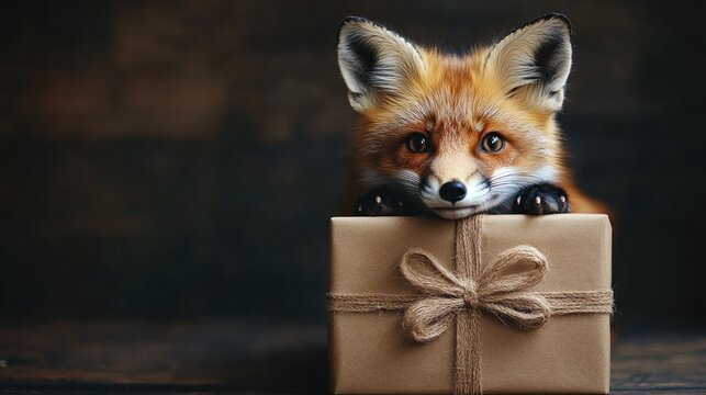 Cute Red Fox Peeking from Gift Box Wildlife Photography Nature Animals