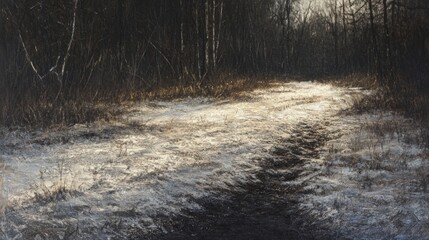 Fototapeta premium Sunlit snow path through dark winter woods.