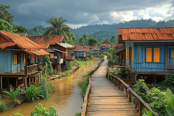 Naklejka premium Wooden walkway between rustic houses by a waterway