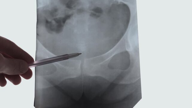 Close up, Doctor learn Female pelvis X-Ray. Digital radiograph of a female pelvis bones. 4k footage.