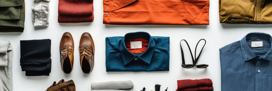 Various clothing styles such as shirts, pants, and accessories arranged neatly on a white surface, providing ample space for creative text. Generative AI