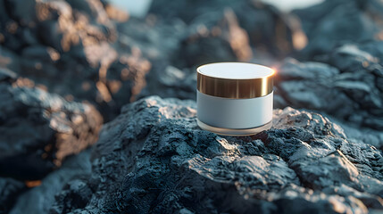 3D Render of Cream Jar on Rocks, beauty product mock up 