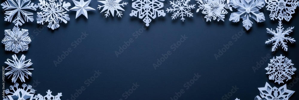 Poster Beautifully crafted paper snowflakes border a dark surface, providing ample opportunity for adding personal text or messages. Generative AI