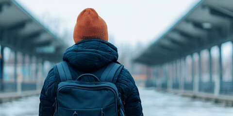 Obraz premium Travel restrictions and visa concept Person in a winter hat walking on an empty platform.