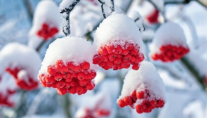 Snowy bunches of red rowan berries on rowan tree in winter landscape. Frozen tree scene, 