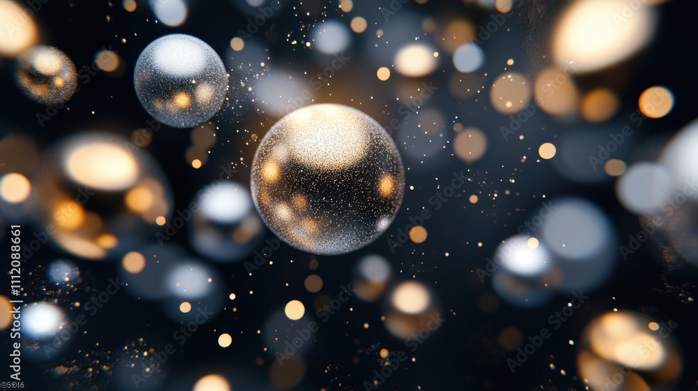 Poster a soft bokeh effect with golden and silver shimmering orbs, varying sizes and brightness, set agains