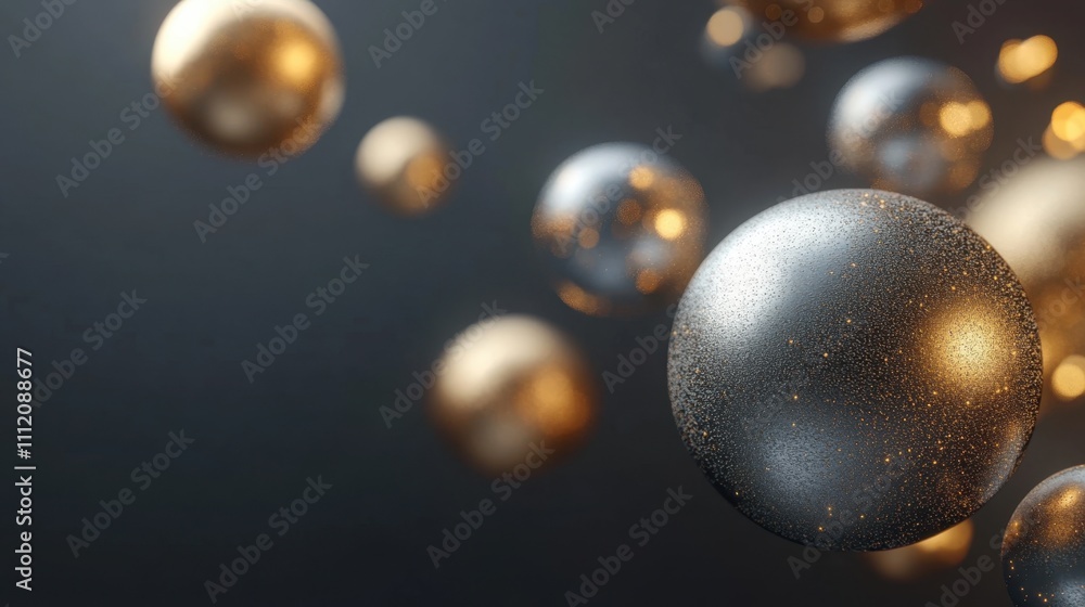 Poster A soft bokeh effect with golden and silver shimmering orbs, varying sizes and brightness, set against a dark gradient background, abstract and atmospheric, professional studio lighting.