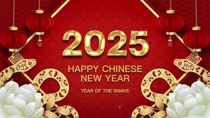 Happy Chinese new year 2025 year of snake text on red background with oriental style decoration, motion graphic design, foreign text translation as happy new year