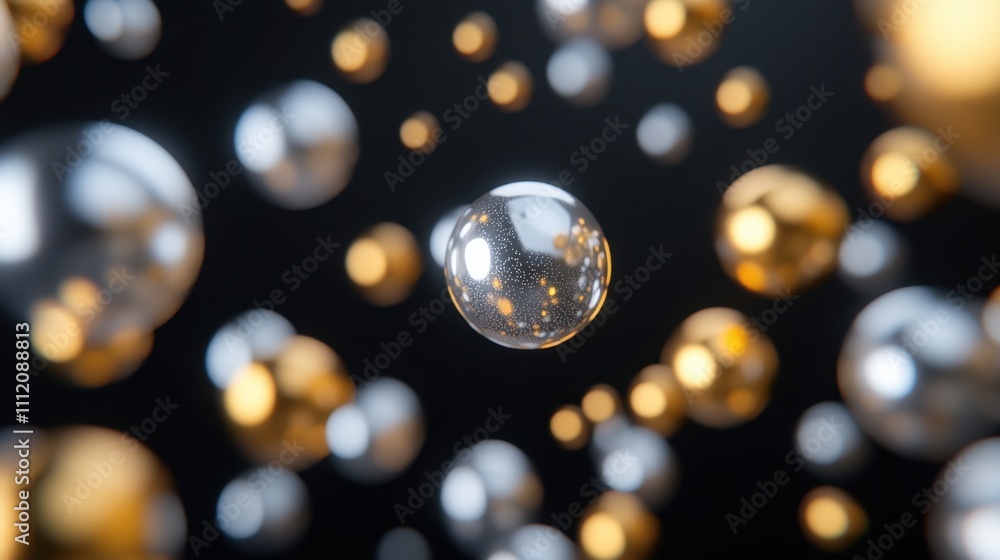 Poster a soft bokeh effect with golden and silver shimmering orbs, varying sizes and brightness, set agains