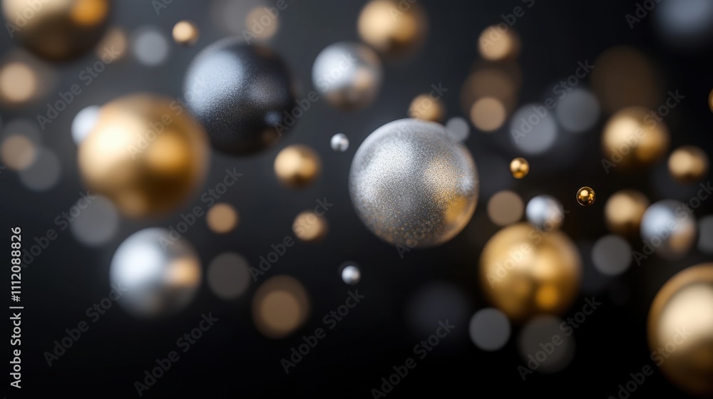Poster a soft bokeh effect with golden and silver shimmering orbs, varying sizes and brightness, set agains