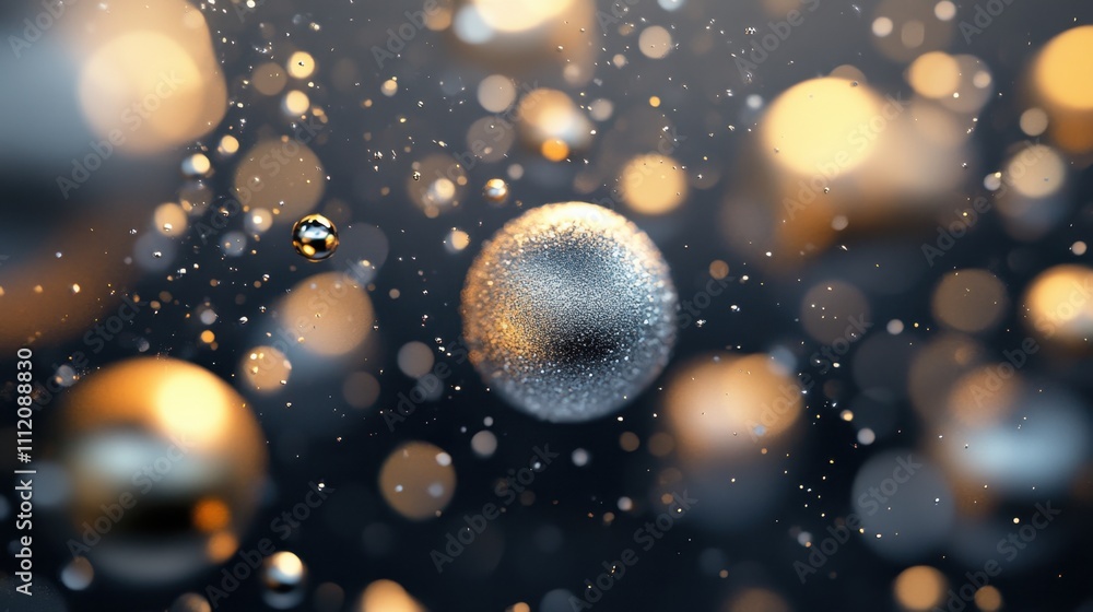Poster a soft bokeh effect with golden and silver shimmering orbs, varying sizes and brightness, set agains