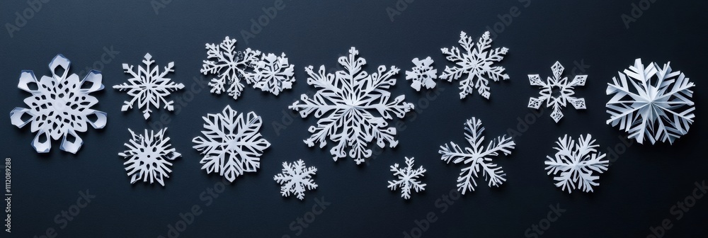 Poster A collection of handcrafted paper snowflakes showcases exquisite patterns and offers blank spaces for creative text personalization. Generative AI