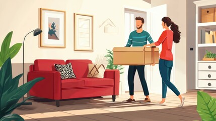 Couple moving couch into new apartment