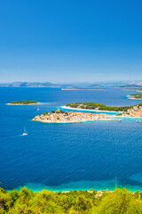 Panoramic view of town of Primosten in Croatia, turquoise Adriatic archipelago