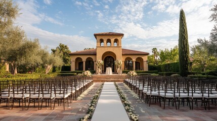 Fototapeta premium Outdoor wedding ceremony setup with aisle, chairs, and Mediterranean-style building.