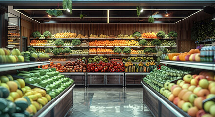 An empty green grocer stall, sitting on in amongst a supermarket fruit and veg aisle.