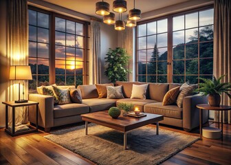 Cozy Living Room Scene with Large Window Showcasing Stylish Furniture and Natural Light for a Relaxing Atmosphere
