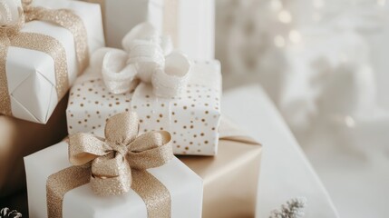 A stack of beautifully wrapped holiday gifts in gold and white paper with elegant bows, isolated on a white background, festive and minimalistic.