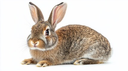 Adorable brown bunny rabbit sitting on white background.