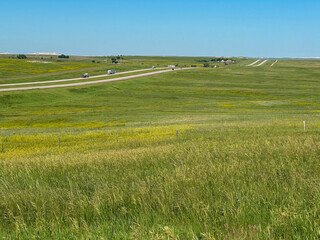 Interstate 90 through the vast open landscape in the Great Plains prairie grassland