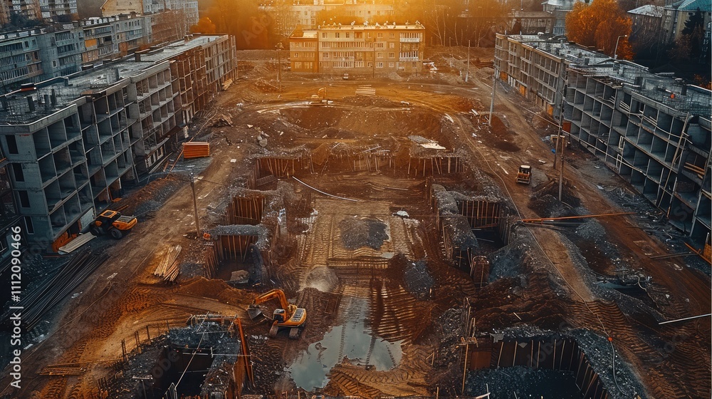 Poster landscape of a construction site with empty space in the middle. aerial high view.