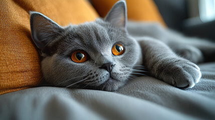 Cozy gray cat relaxing on a soft blanket near cushions in a warm and inviting indoor space. Generative AI